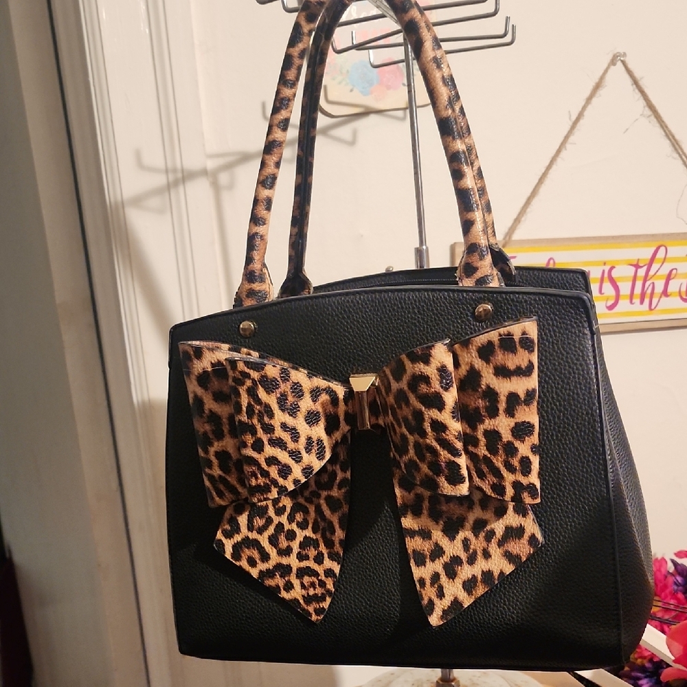 Black and Brown Structured Satchel with Leopard Print
